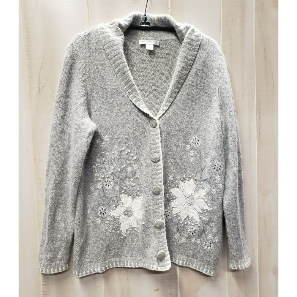 Christopher Banks Poinsettia Cardigan Gray XL Silk Nylon Rabbit Hair Lambs Wool